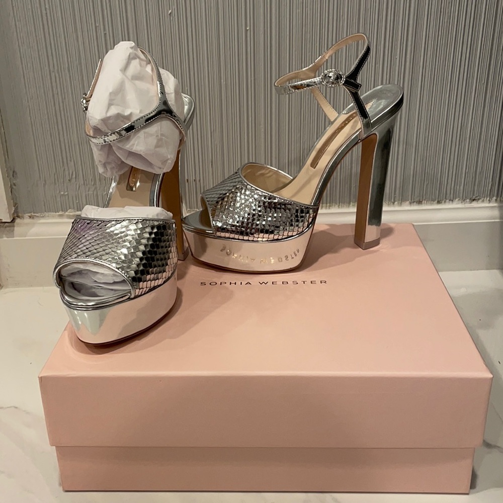 SOPHIA WEBSTER
Natalia Metallic Snake-effect Leather Platform Sandals In Silver